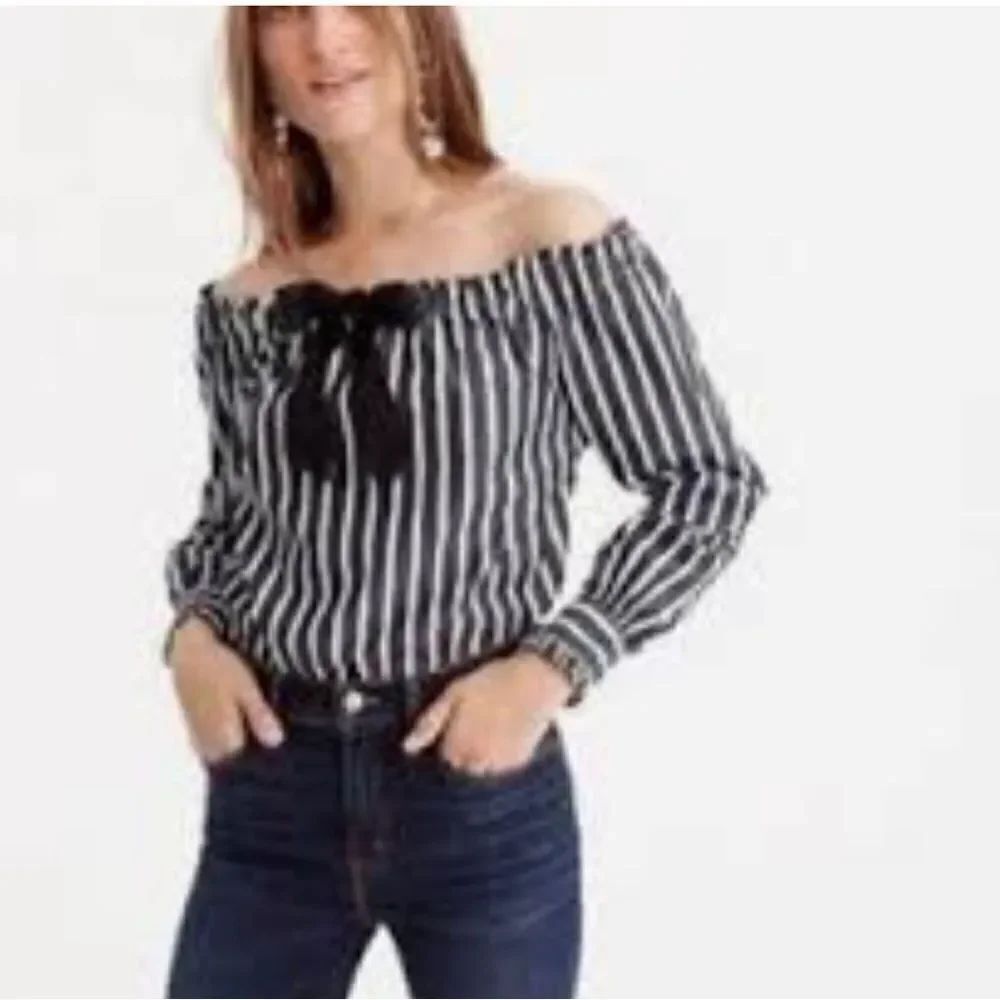 J.Crew Off-The-Shoulder Striped Bow Top Size Large Black White